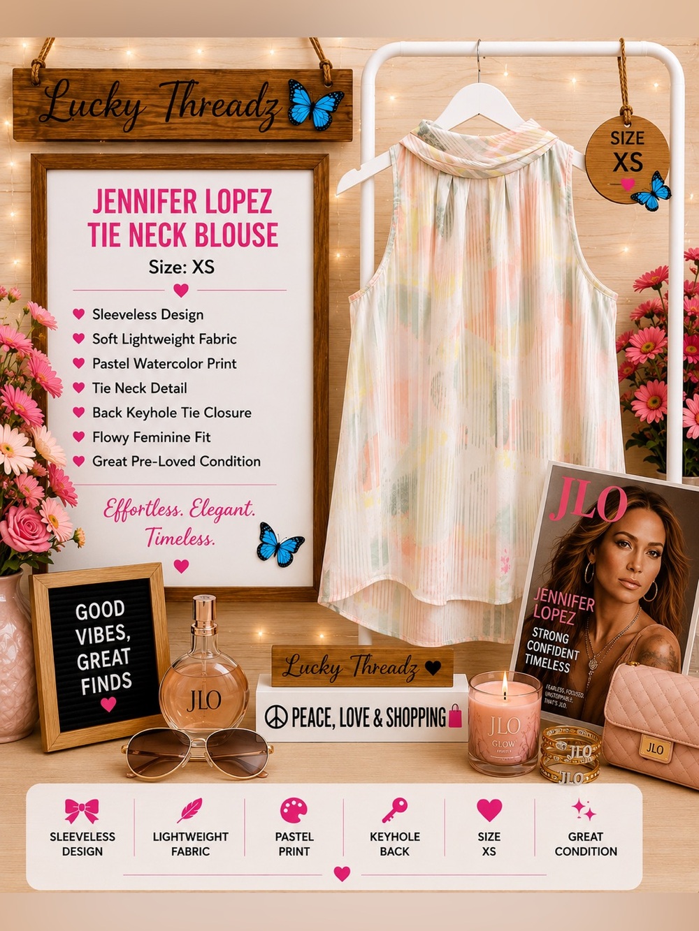 Jennifer Lopez Pastel Watercolor Tie Neck Sleeveless Blouse - Multi
